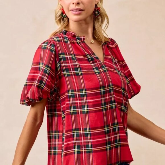 BiBi Christmas Plaid Short Sleeves Ruffled Blouse - Picture 9 of 11